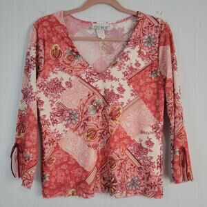 Vintage Floral Patchwork V-neck Top size L pink multi 90s Y2K boho festival USA